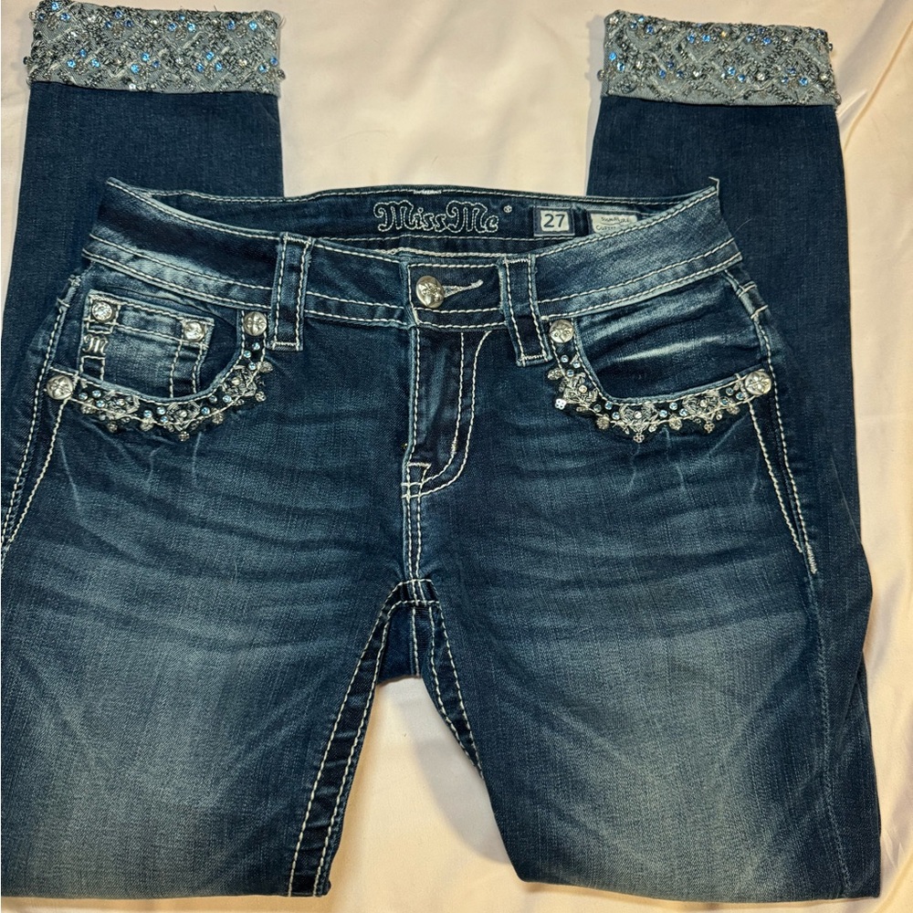 Miss Me Women's Dark Blue Embellished Cropped Jeans